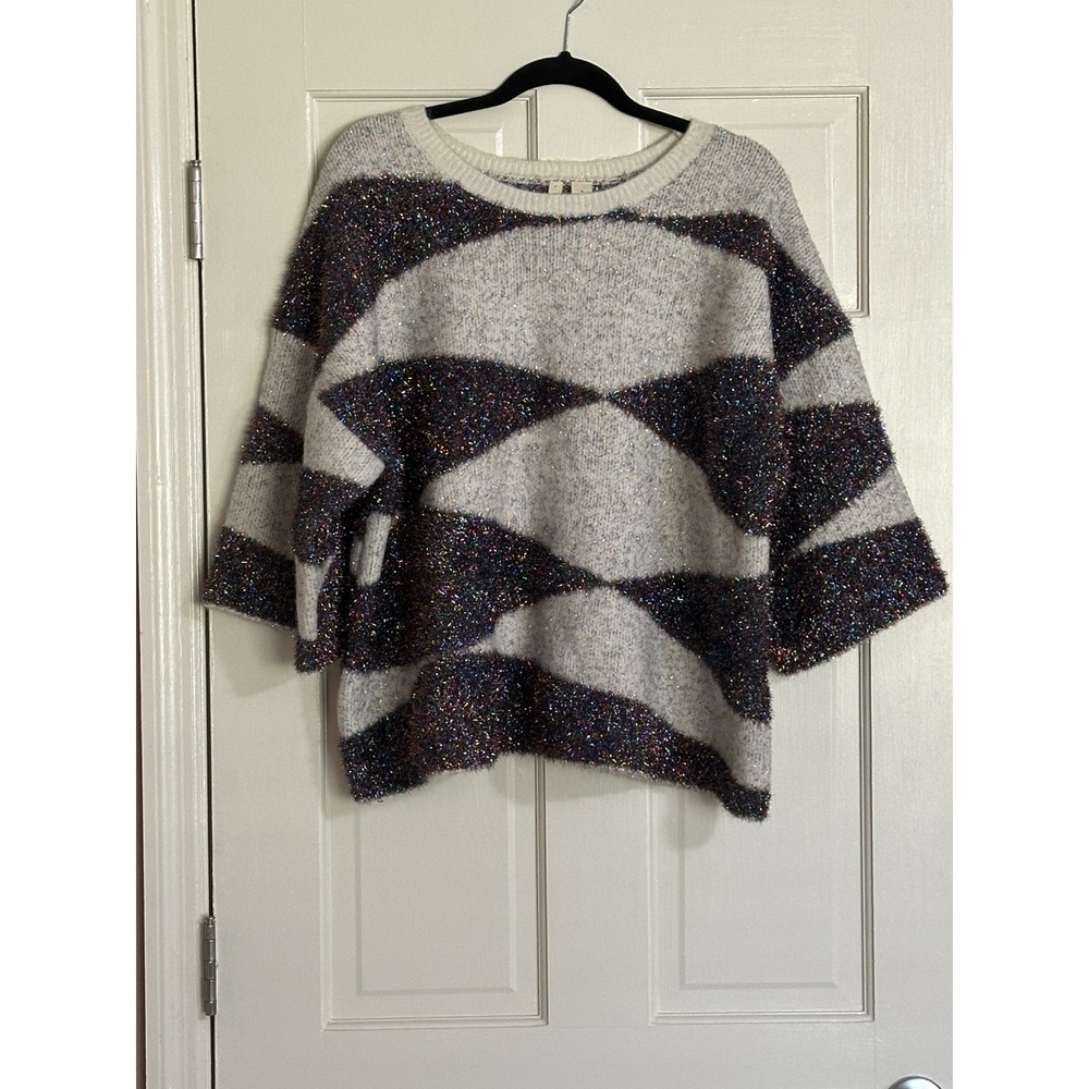 Anthropologie "Moth" Speaking Geo Metallic Pullover Sweater XL Dry Clean Only